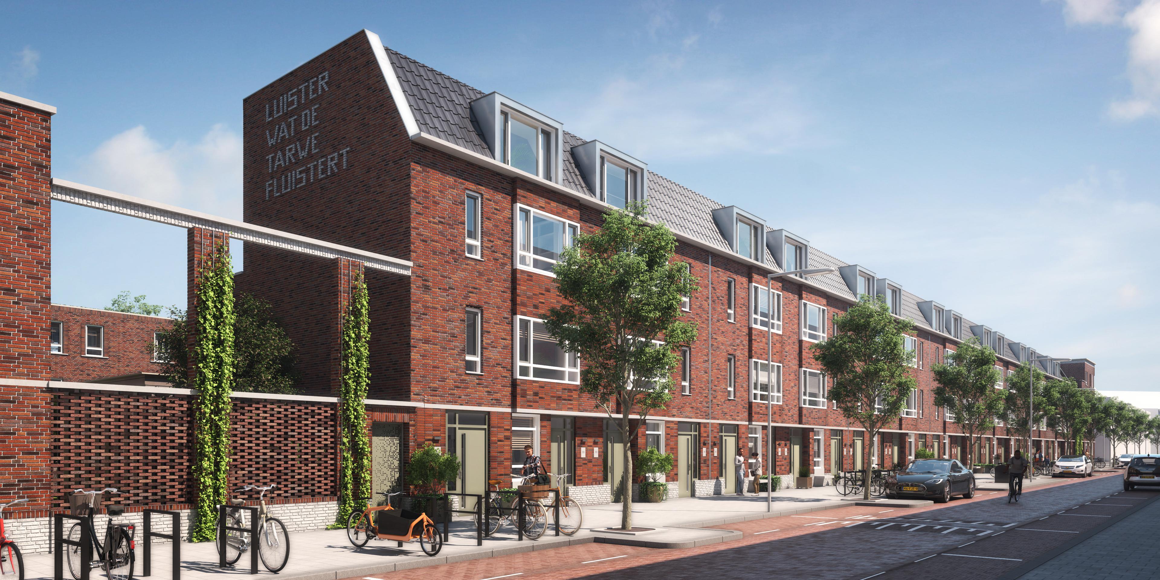 Artist impression van het gebouw met bomen en een open tussenstuk met tekst luister wat de tarwe fluistert